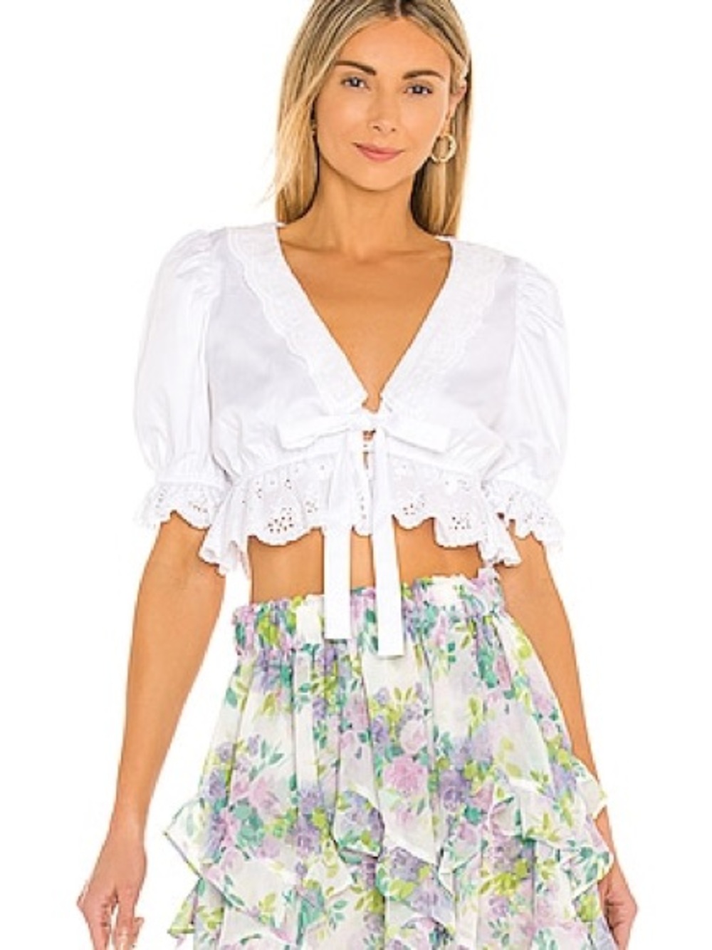 For Love & Lemons White Eyelet Tie-Front Crop Top